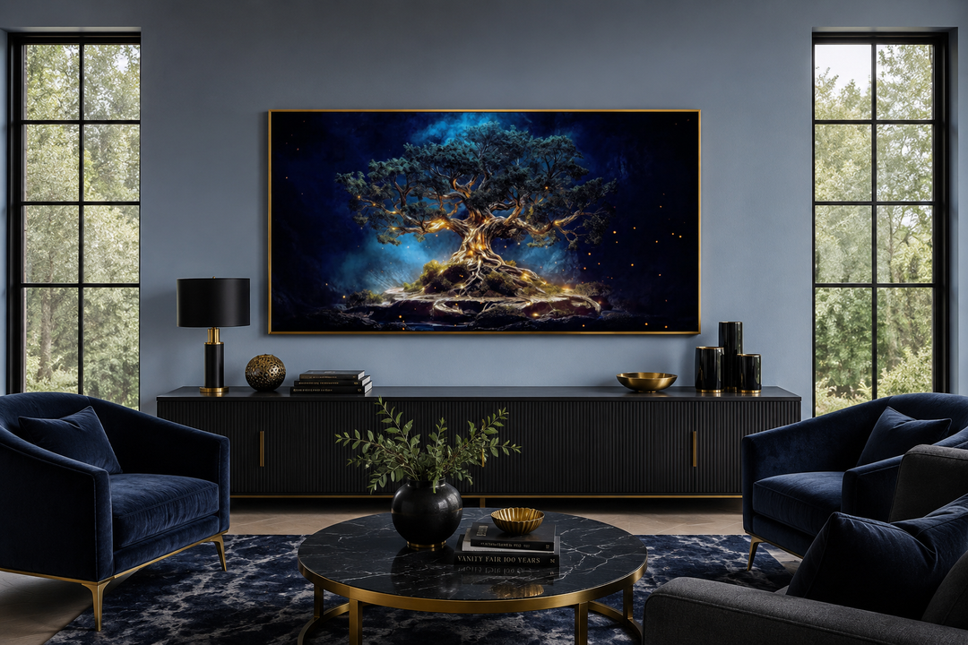 Navy blue and gold framed Yggdrasil tree of life canvas print centered above a black sideboard.