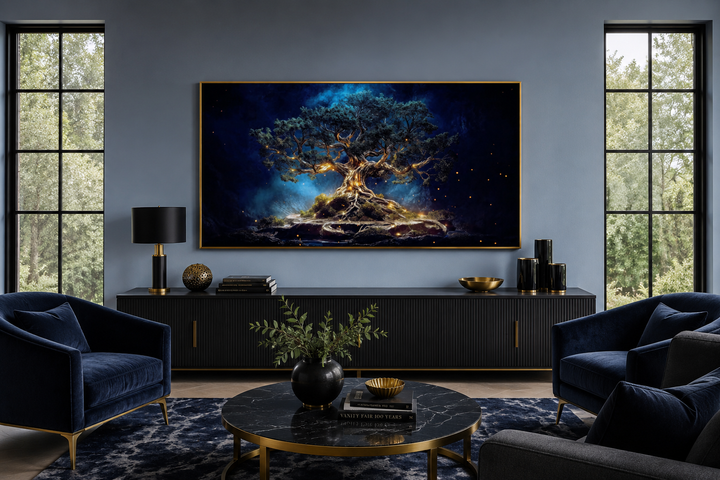 Navy blue and gold framed Yggdrasil tree of life canvas print centered above a black sideboard.