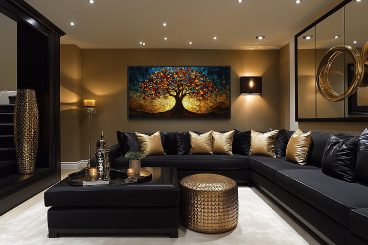 Yggdrasil framed canvas wall art in a stained glass style above a black sectional sofa.