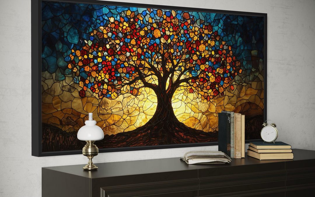 Yggdrasil framed canvas wall art featuring a tree of life in a vibrant stained glass mosaic style.