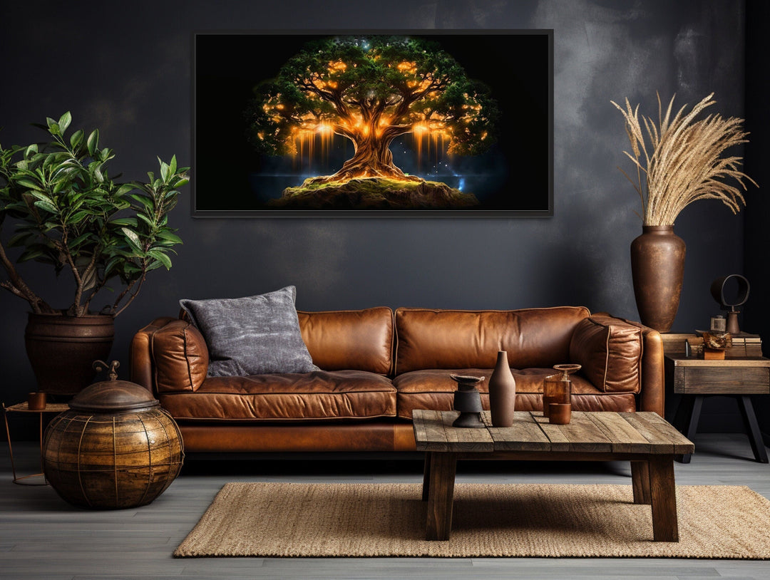 Yggdrasil Norse Mythology Green Gold Framed Canvas Wall Art