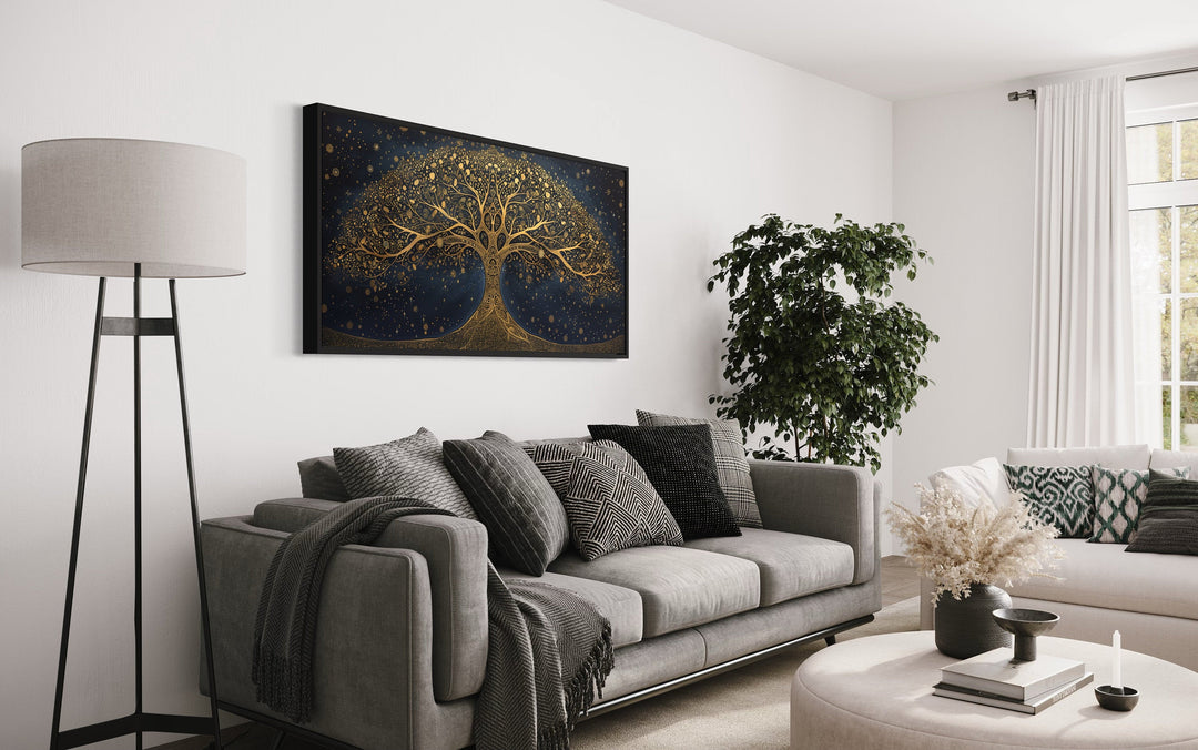 Yggdrasil Tree Of Life Gold Navy Blue Luxury Framed Canvas Wall Art