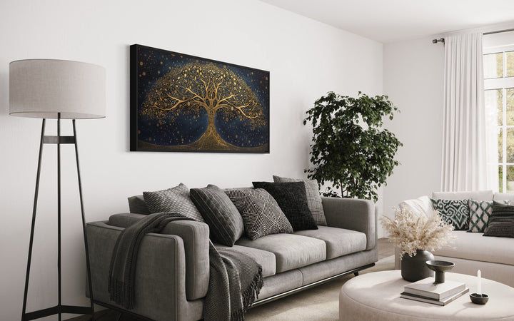 Yggdrasil Tree Of Life Gold Navy Blue Luxury Framed Canvas Wall Art