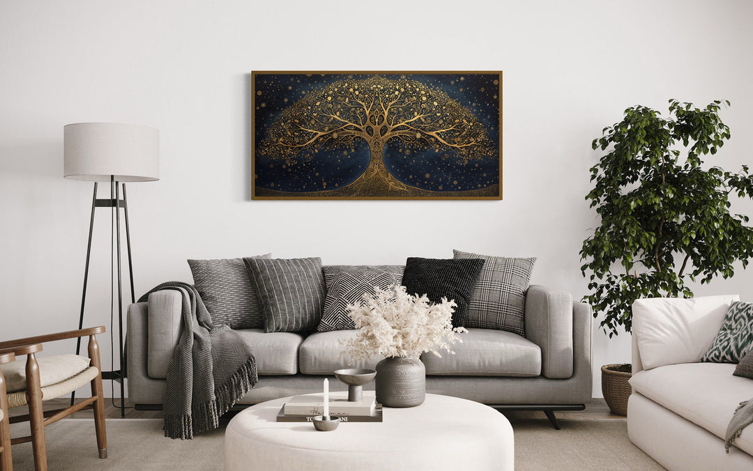 Yggdrasil Tree Of Life Gold Navy Blue Luxury Framed Canvas Wall Art