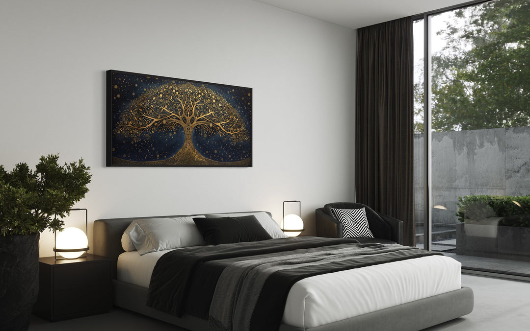 Yggdrasil Tree Of Life Gold Navy Blue Luxury Framed Canvas Wall Art