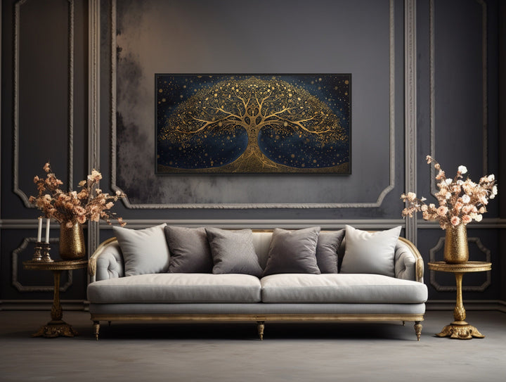 Yggdrasil Tree Of Life Gold Navy Blue Luxury Framed Canvas Wall Art