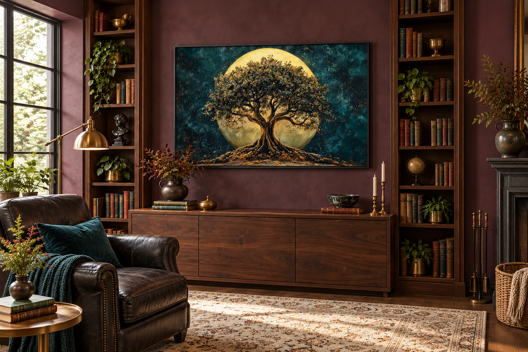 Framed canvas wall art of a tree of life under a large moon in a dark, cozy library setting.