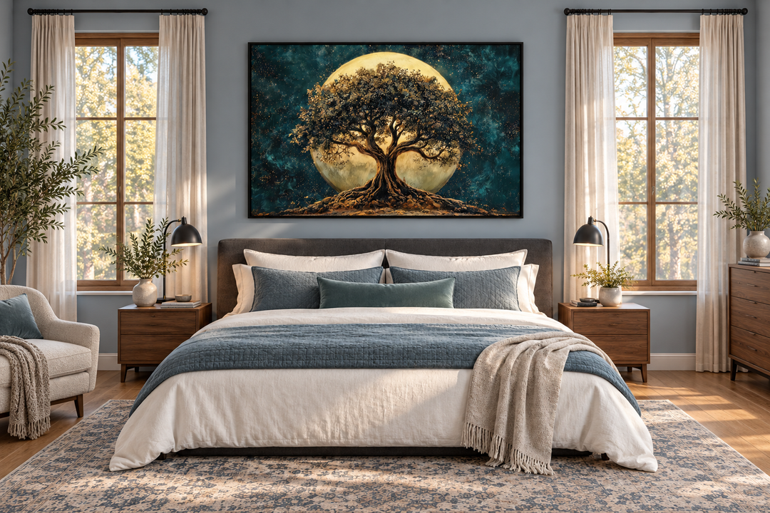 Green Tree of Life at Night Under Big Moon framed canvas wall art hanging above a bed in a bedroom.