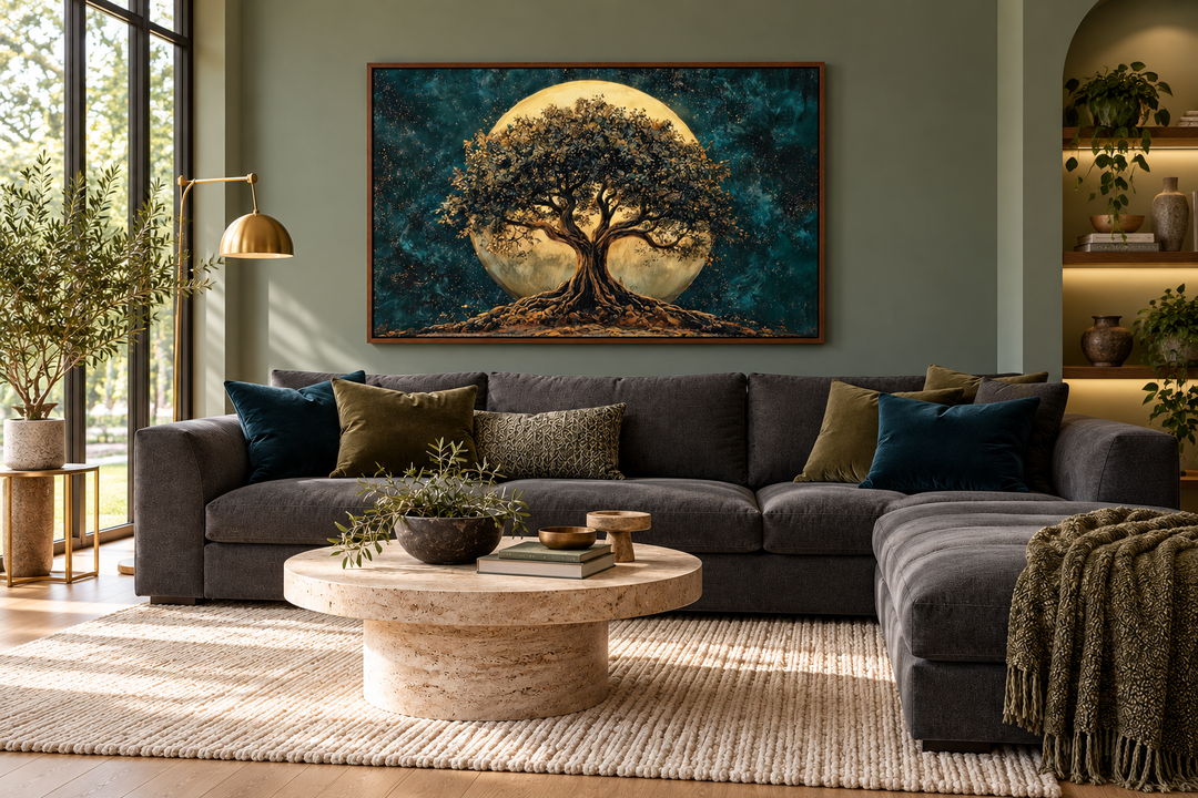 Framed canvas wall art of a tree of life under a large moon in a modern living room.