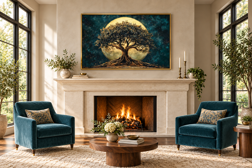 Framed canvas wall art of a tree of life under a large moon above a fireplace in a living room.