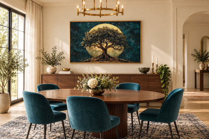 Green Tree of Life at Night under a big moon framed canvas wall art in a modern dining room.