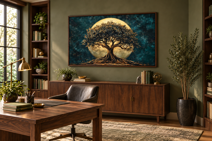 Framed canvas wall art of a green tree of life under a large moon in a home office setting.