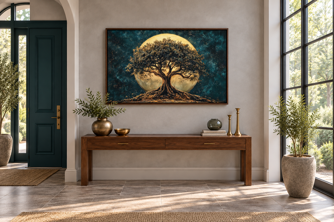 Green Tree of Life at Night Under Big Moon framed canvas wall art above a walnut console table.