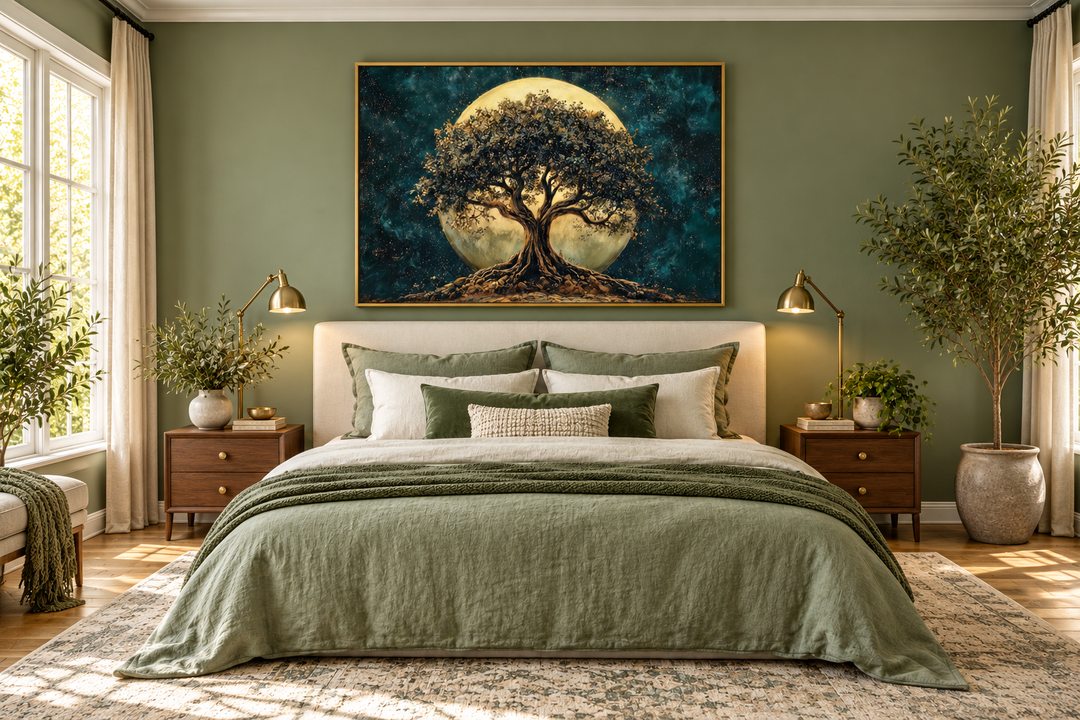 Green Tree of Life at Night Under Big Moon framed canvas wall art above a bed in a sage bedroom.