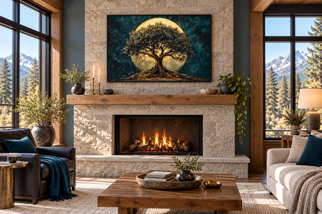 Green Tree of Life at Night under a big moon framed canvas wall art above a stone fireplace.