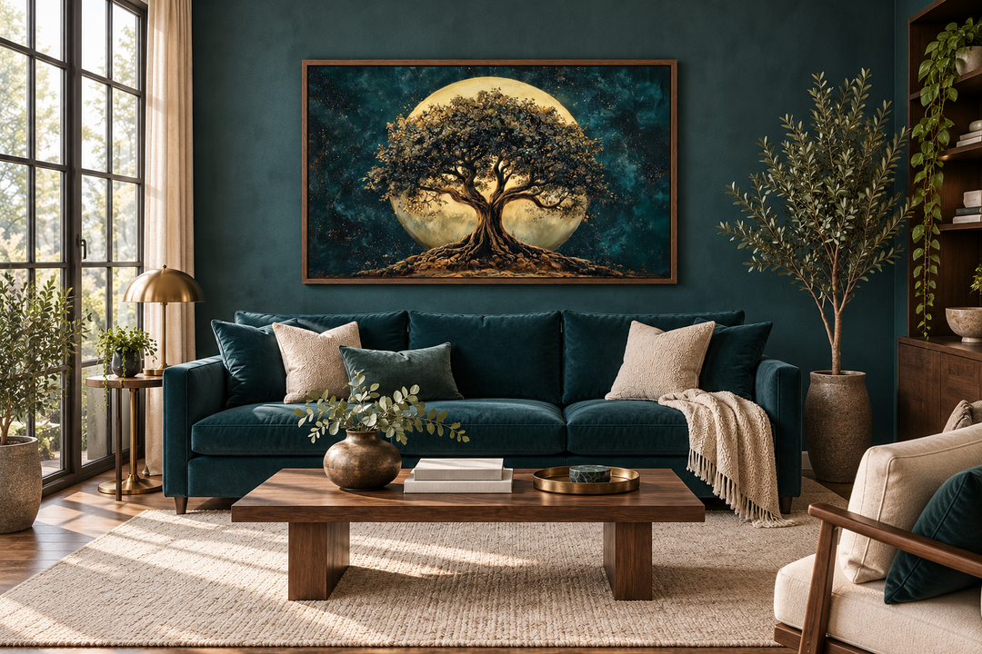 Framed canvas wall art of a tree of life under a large moon in a dark teal living room.
