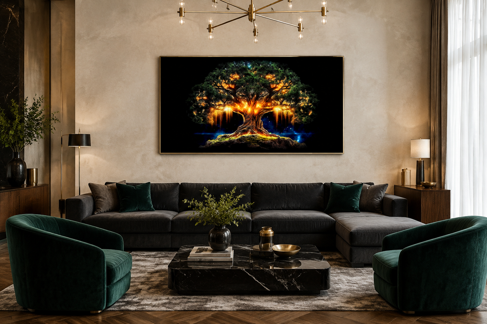 Framed canvas wall art of the Yggdrasil tree of life in green and gold above a dark grey sofa.