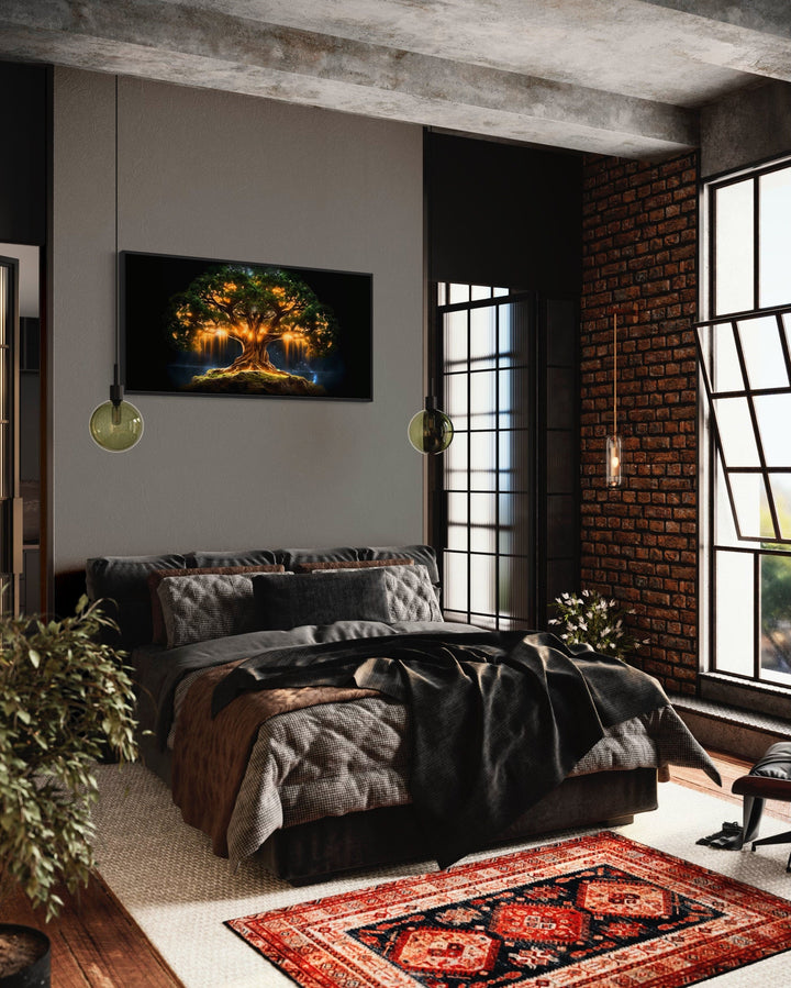 Yggdrasil Wall Art - Framed Canvas Print | Green Gold Tree of Life Decor