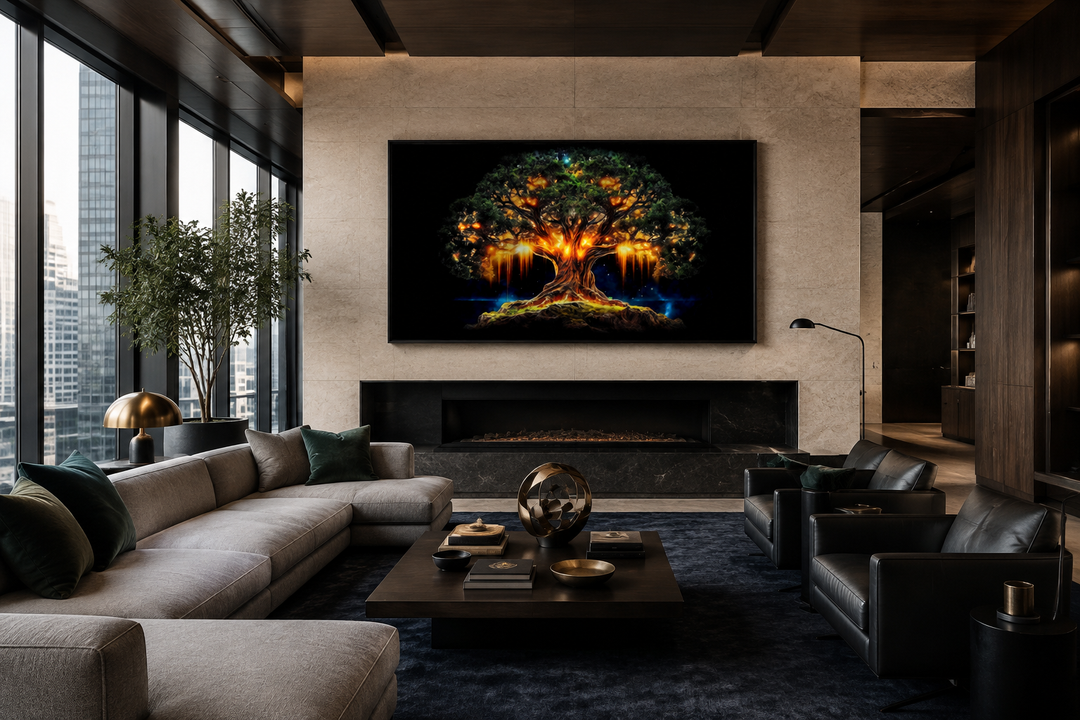 Framed canvas print of a glowing green and gold Yggdrasil tree of life above a modern fireplace.