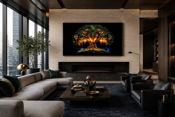 Framed canvas print of a glowing green and gold Yggdrasil tree of life above a modern fireplace.
