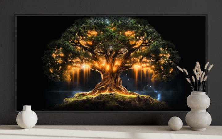 Yggdrasil Wall Art - Framed Canvas Print | Green Gold Tree of Life Decor