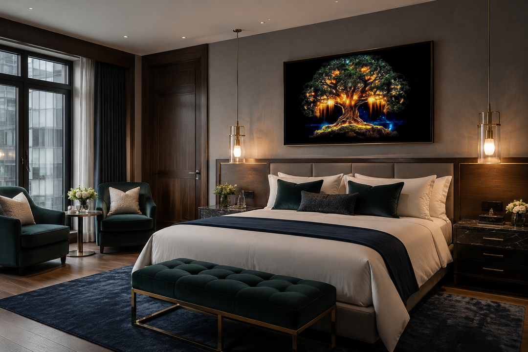 Framed canvas print of Yggdrasil, the Norse tree of life, in green and gold above a bedroom headboard.