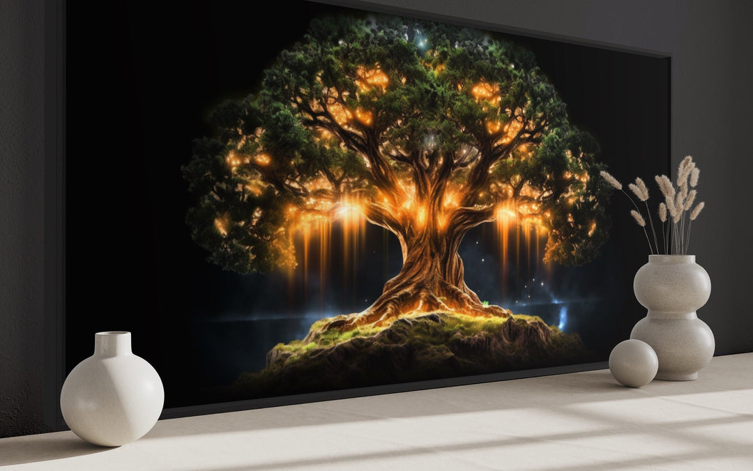 Yggdrasil Wall Art - Framed Canvas Print | Green Gold Tree of Life Decor