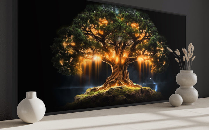 Yggdrasil Wall Art - Framed Canvas Print | Green Gold Tree of Life Decor