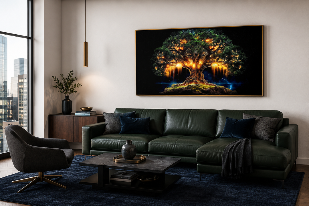 Framed canvas print of a glowing green and gold Yggdrasil tree of life above a dark green sofa.