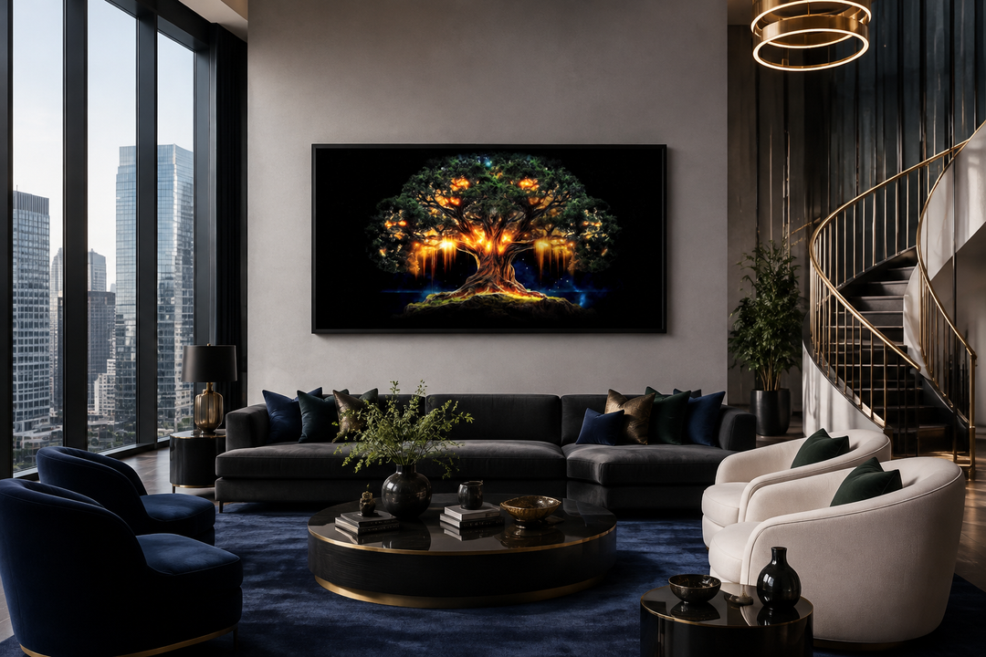 Framed canvas print of Yggdrasil, the Norse tree of life, in green and gold above a living room sofa.
