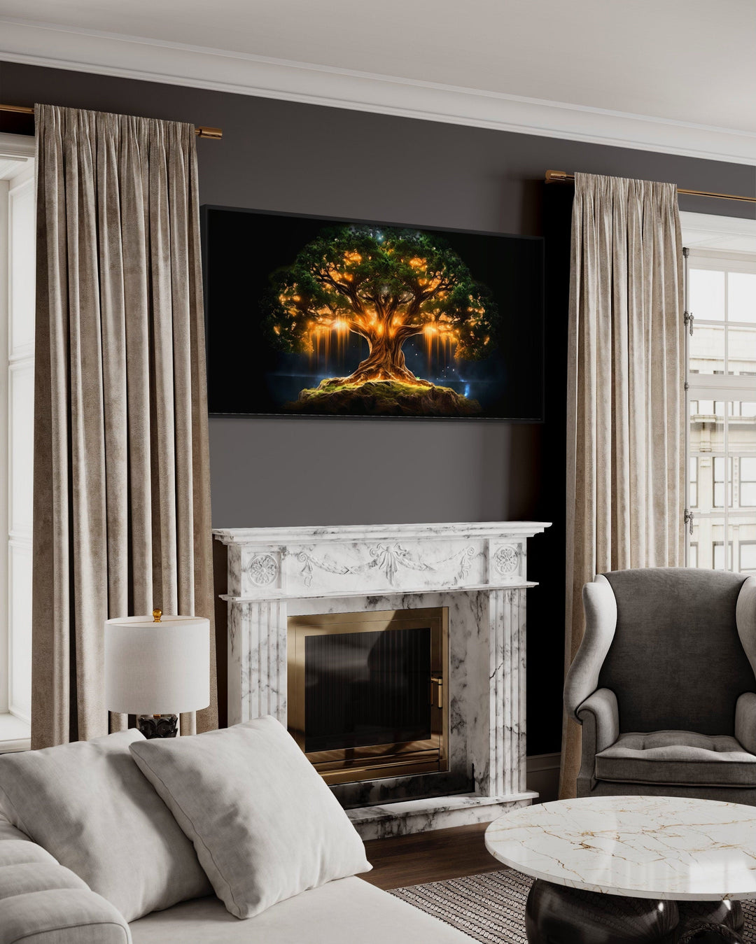 Yggdrasil Wall Art - Framed Canvas Print | Green Gold Tree of Life Decor