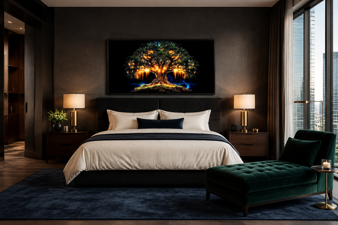 Framed canvas print of a glowing green and gold Yggdrasil tree of life above a bed in a bedroom.
