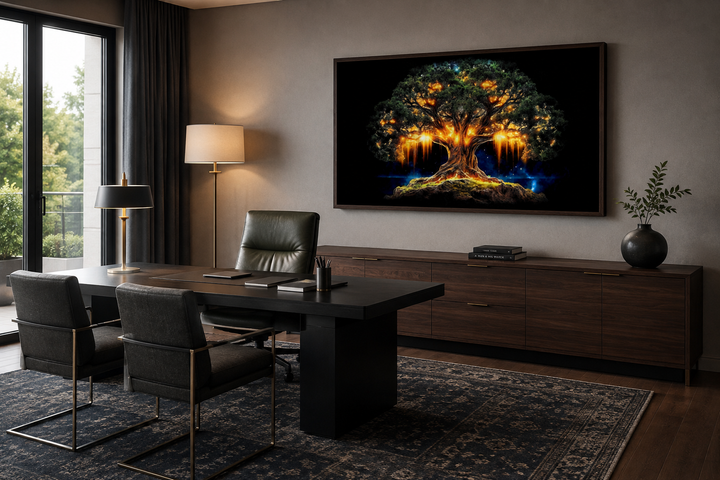 Framed canvas print of a glowing green and gold Yggdrasil tree of life in a modern office setting.