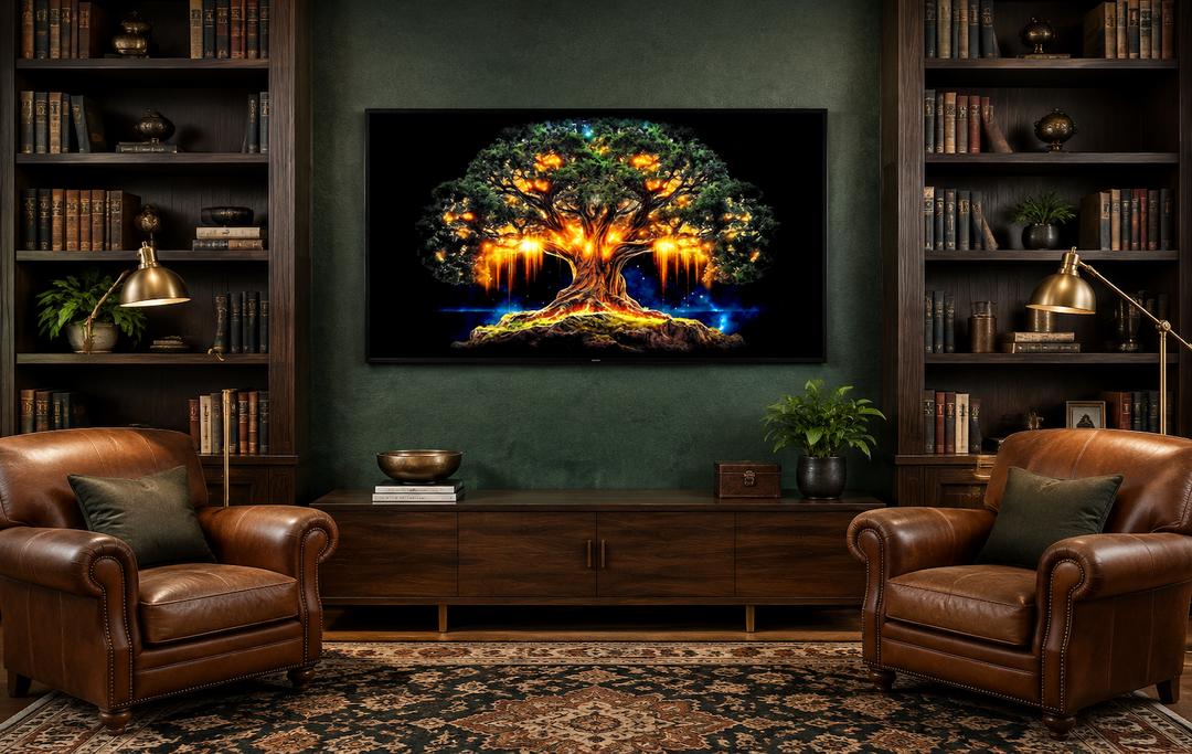 Framed canvas print of Yggdrasil, the Norse tree of life, in green and gold on a dark green wall.