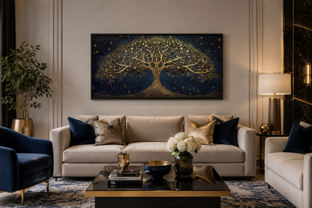 Framed horizontal canvas print of a golden tree of life on a navy blue background above a sofa.
