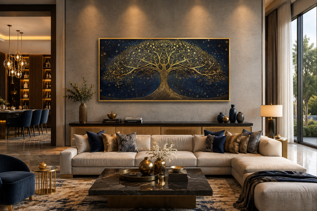 Framed horizontal canvas print of a golden tree of life on a navy blue background in a living room.