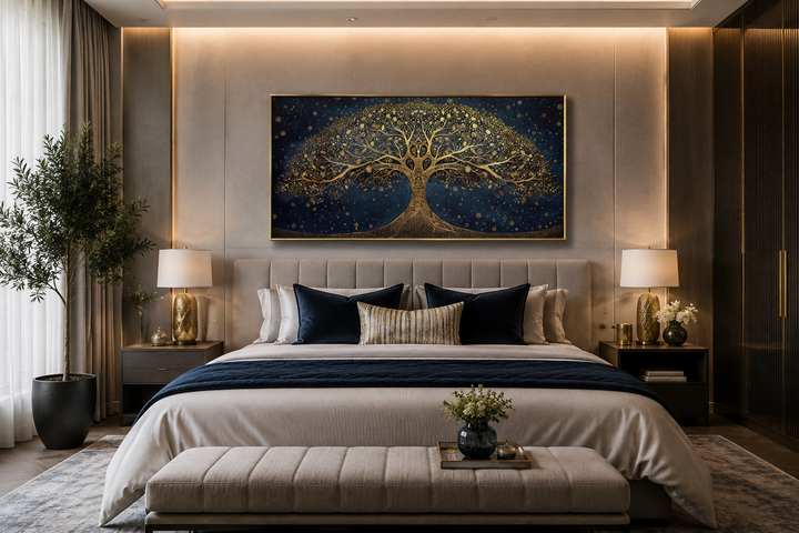 Framed navy blue and gold Tree of Life canvas print hanging above a bed in a modern bedroom.