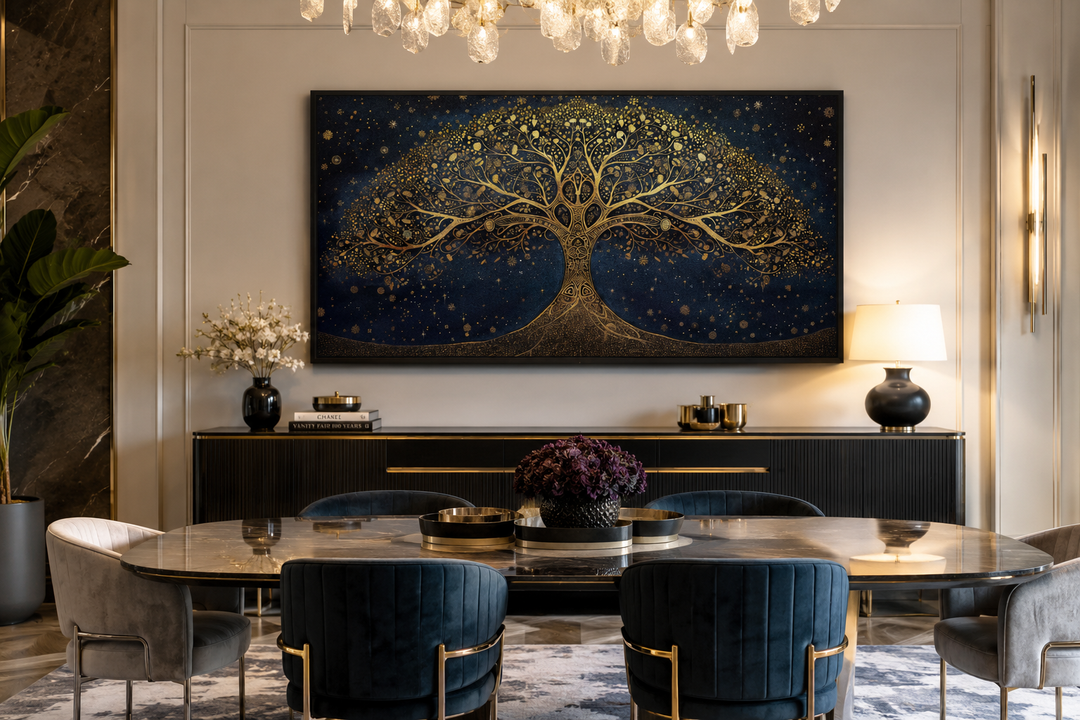 Framed canvas print of a golden Tree of Life on a navy blue background in a dining room setting.