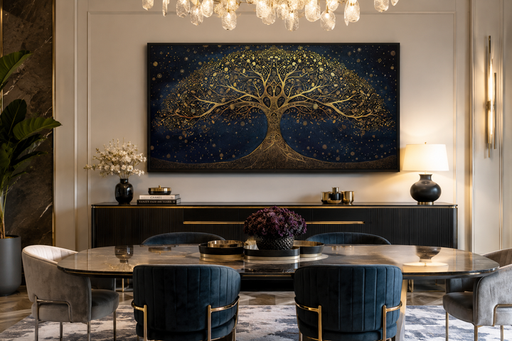 Framed canvas print of a golden Tree of Life on a navy blue background in a dining room setting.