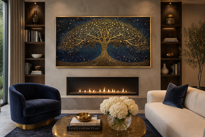 Framed horizontal canvas print of a golden tree of life on a navy blue starry background.