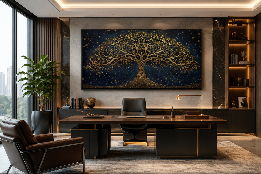 Framed horizontal canvas print of a golden tree of life on a navy blue starry background.