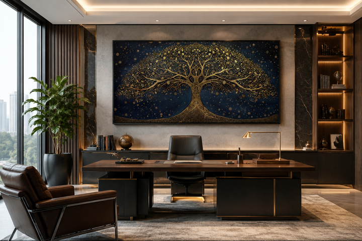 Framed horizontal canvas print of a golden tree of life on a navy blue starry background.