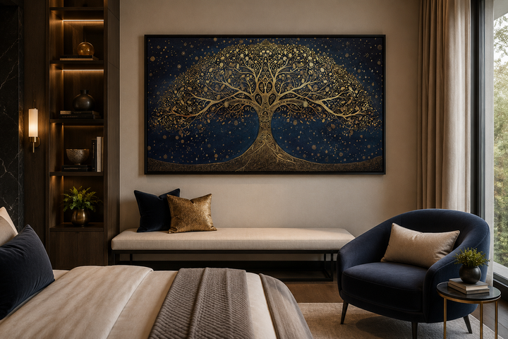 Framed canvas print of a gold Tree of Life on a navy blue background above a bedroom bench.