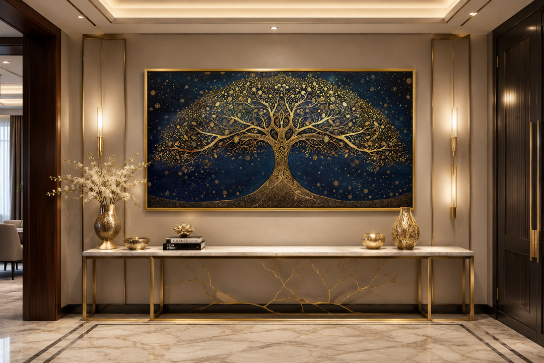 Framed horizontal canvas print of a golden Tree of Life on a navy blue starry background.