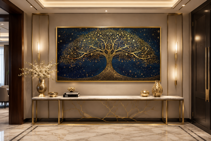 Framed horizontal canvas print of a golden Tree of Life on a navy blue starry background.