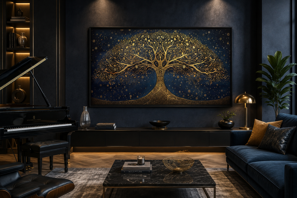 Framed horizontal canvas print of a golden Tree of Life on a navy blue background in a living room.