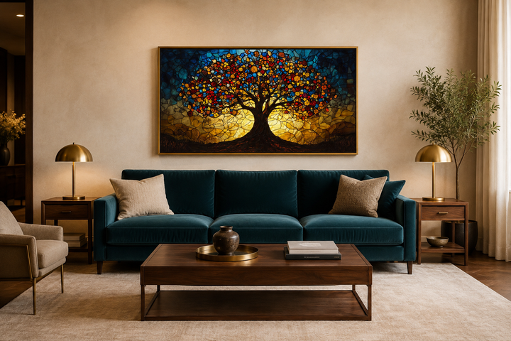 Yggdrasil framed canvas wall art in a stained glass style above a blue velvet sofa.