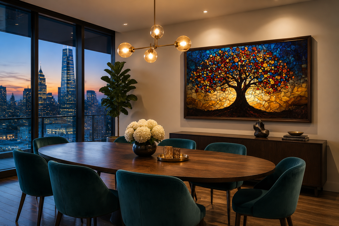 Yggdrasil framed canvas wall art in a stained glass style hanging in a modern dining room.