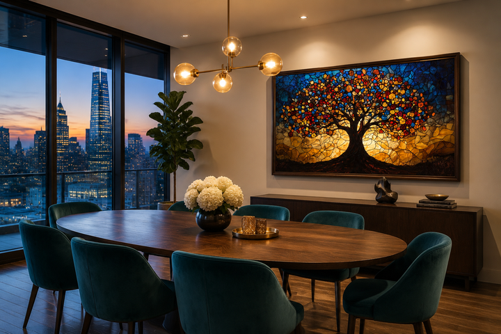 Yggdrasil framed canvas wall art in a stained glass style hanging in a modern dining room.