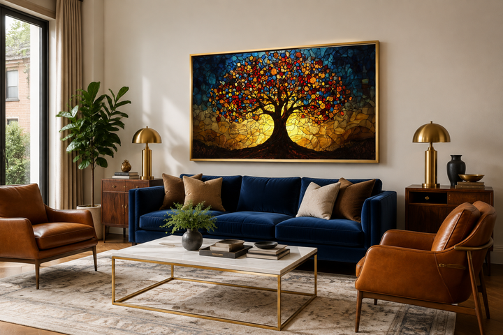 Yggdrasil framed canvas wall art in a stained glass style above a blue sofa in a living room.